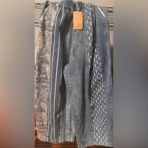 SooLinen Patchwork Denim Wide Leg Pants in Faded Blue